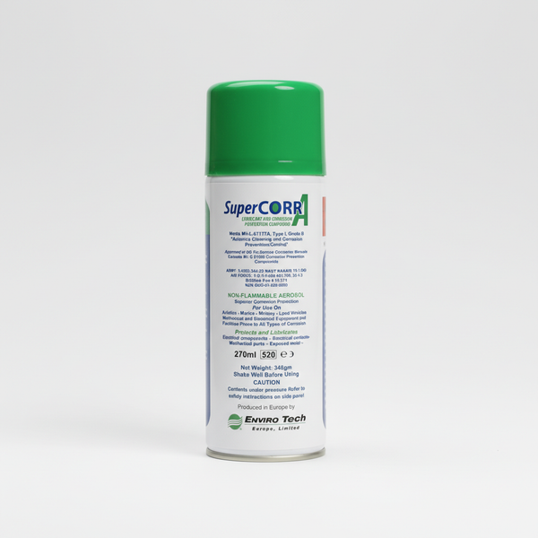 SuperCORR spray can with green cap on a white background
