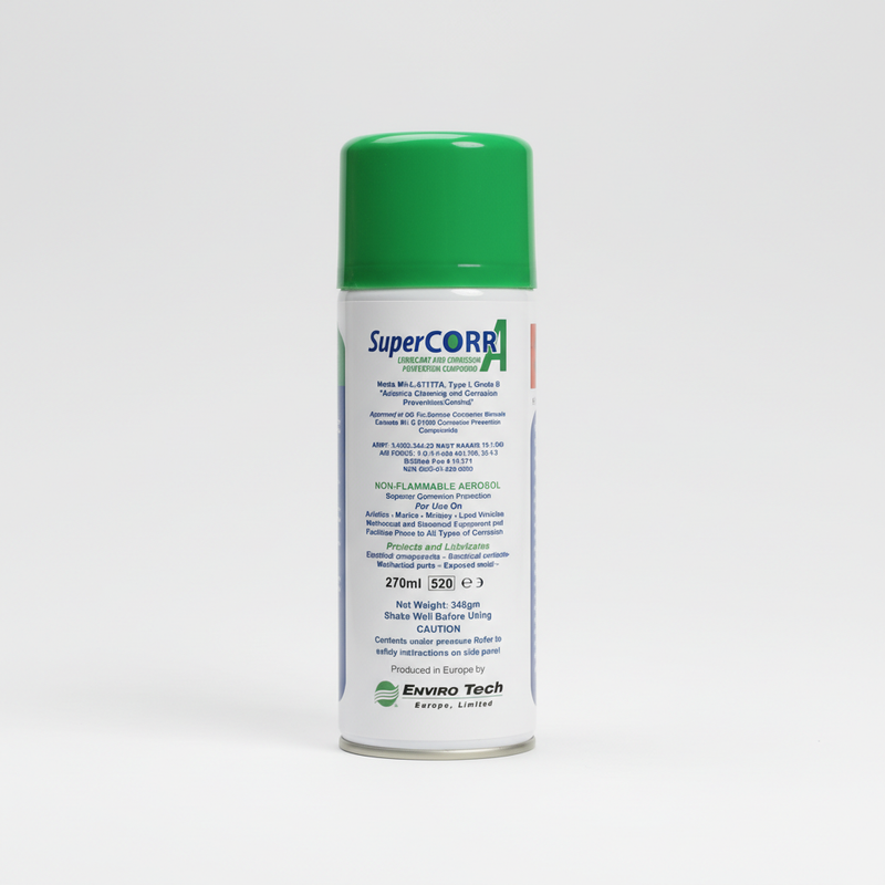 SuperCORR spray can with green cap on a white background